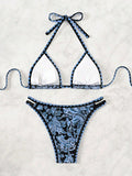 Dark blue printed halter neck sexy bikini