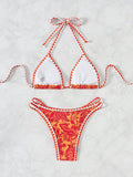 Orange Printed Halter Neck Sexy Bikini