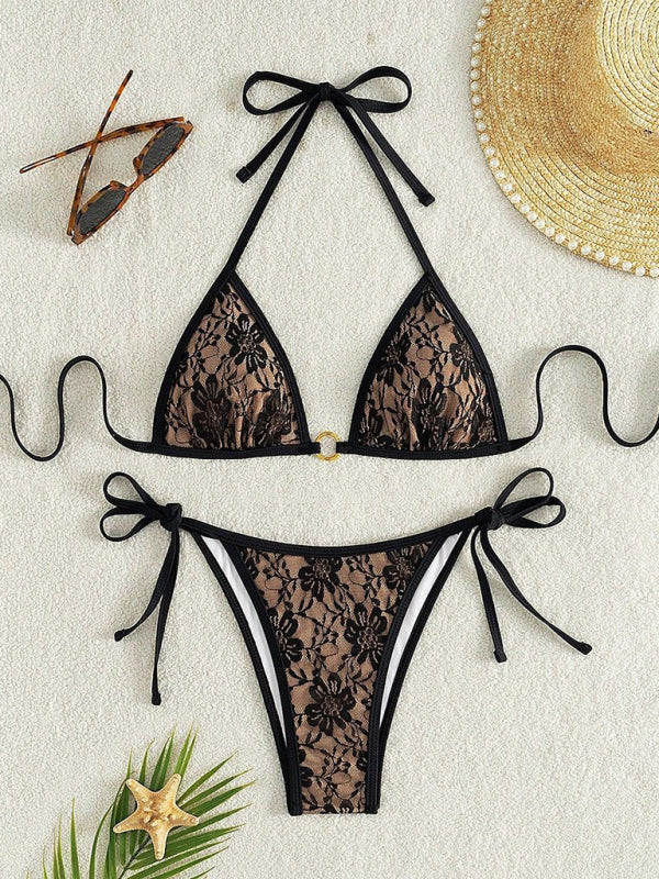 توب Black lace halter top with floral pattern and nude bikini | شوباهوليك