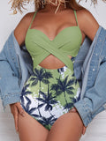 Spliced one-piece sexy maple leaf print high waist cross beach swimsuit