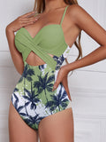 Spliced one-piece sexy maple leaf print high waist cross beach swimsuit