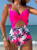 Spliced one-piece sexy maple leaf print high waist cross beach swimsuit
