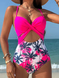 Spliced one-piece sexy maple leaf print high waist cross beach swimsuit