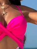 Spliced one-piece sexy maple leaf print high waist cross beach swimsuit