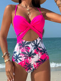 Spliced one-piece sexy maple leaf print high waist cross beach swimsuit