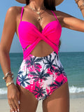 Spliced one-piece sexy maple leaf print high waist cross beach swimsuit