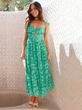 Green graphic print seaside vacation sexy hot girl suspender dress