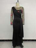 Round Neck Mesh Embroidery Panel Long Sleeve Dress