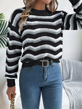 Casual hollow color block striped lantern long sleeve pullover sweater