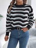 Casual hollow color block striped lantern long sleeve pullover sweater