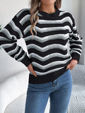 Casual hollow color block striped lantern long sleeve pullover sweater