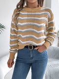 Casual hollow color block striped lantern long sleeve pullover sweater