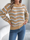 Casual hollow color block striped lantern long sleeve pullover sweater
