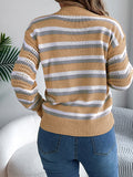 Casual hollow color block striped lantern long sleeve pullover sweater