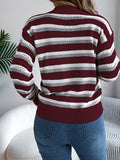 Casual hollow color block striped lantern long sleeve pullover sweater