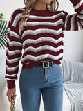 Casual hollow color block striped lantern long sleeve pullover sweater