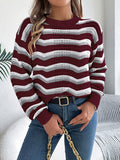 Casual hollow color block striped lantern long sleeve pullover sweater