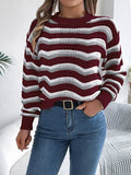 Casual hollow color block striped lantern long sleeve pullover sweater
