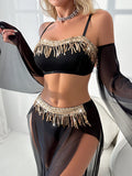 Sexy tassel pole dance fun suit belly dance sequin lace hot set