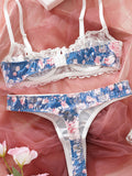 Sexy women's small floral lace patchwork printed underwear set