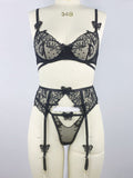 3D Butterfly Black Embroidery Sexy See-through Bra Panties Garter Sexy Lingerie Three-piece Set
