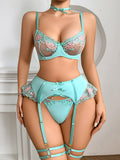 Sexy splicing embroidered flowers with underwire bra thong sexy lingerie four-piece set
