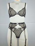 Bow Embroidered Sexy See-Through Bra Three-Piece Set