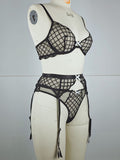 Bow Embroidered Sexy See-Through Bra Three-Piece Set