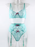 Bow Embroidered Sexy See-Through Bra Three-Piece Set