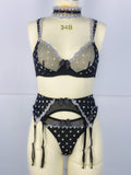 Polka dot embroidery see-through bra sexy underwear four-piece set