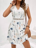 Casual Printed V-Neck Lace Stretch Lace Short Dress