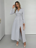 New V-neck long sleeve solid color brushed slit long dress
