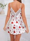 Women's red heart print home clothes pajamas suspenders sexy lace lace nightgown