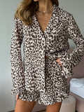 New Pink Leopard Print Loose Long Sleeve Shorts Pajama Set Home Clothes
