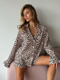 New Pink Leopard Print Loose Long Sleeve Shorts Pajama Set Home Clothes