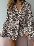 New Pink Leopard Print Loose Long Sleeve Shorts Pajama Set Home Clothes
