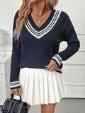 New V-neck cable knit sweater college style contrast color pullover sweater