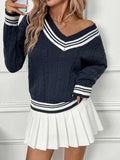 New V-neck cable knit sweater college style contrast color pullover sweater