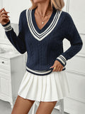New V-neck cable knit sweater college style contrast color pullover sweater