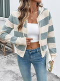 Women's Hooded Knitted Jacket Turned-edge Striped Contrast Color Sweater Zippered Cardigan