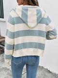 Women's Hooded Knitted Jacket Turned-edge Striped Contrast Color Sweater Zippered Cardigan