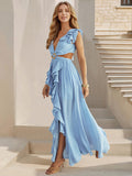 Sexy Slim Backless Dress Bohemian Holiday V-Neck Ruffle Slit Maxi Dress