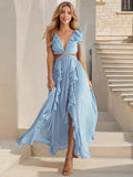 Sexy Slim Backless Dress Bohemian Holiday V-Neck Ruffle Slit Maxi Dress