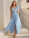 Sexy Slim Backless Dress Bohemian Holiday V-Neck Ruffle Slit Maxi Dress