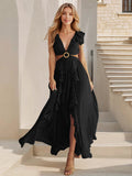 Sexy Slim Backless Dress Bohemian Holiday V-Neck Ruffle Slit Maxi Dress