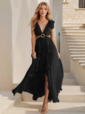 Sexy Slim Backless Dress Bohemian Holiday V-Neck Ruffle Slit Maxi Dress