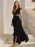 Sexy Slim Backless Dress Bohemian Holiday V-Neck Ruffle Slit Maxi Dress