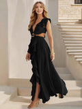 Sexy Slim Backless Dress Bohemian Holiday V-Neck Ruffle Slit Maxi Dress