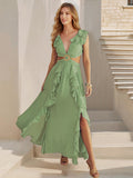 Sexy Slim Backless Dress Bohemian Holiday V-Neck Ruffle Slit Maxi Dress