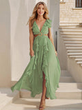 Sexy Slim Backless Dress Bohemian Holiday V-Neck Ruffle Slit Maxi Dress